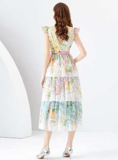 V-neck Printed Long Cake Dress