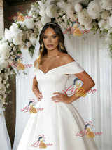 White Satin Off the Shoulder Wedding Dress