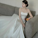 White Tulle Satin Straps Wedding Dress