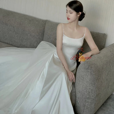 White Tulle Satin Straps Wedding Dress