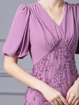 Purple Chiffon V-neck Sequins Mother Of the Brides Dress