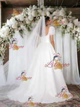 White Puff Sleeve Square Neck Wedding Dress