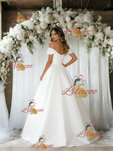 White Satin Off the Shoulder Wedding Dress