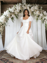 White Puff Sleeve Square Neck Wedding Dress