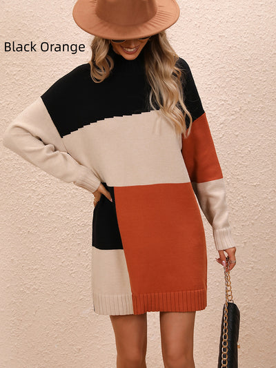 Colour Matching Round Neck Long Sweater