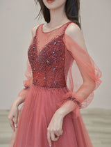 Burgundy Tulle Sequins Beading Long Sleeve Prom Dress