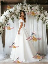 White Satin Off the Shoulder Wedding Dress
