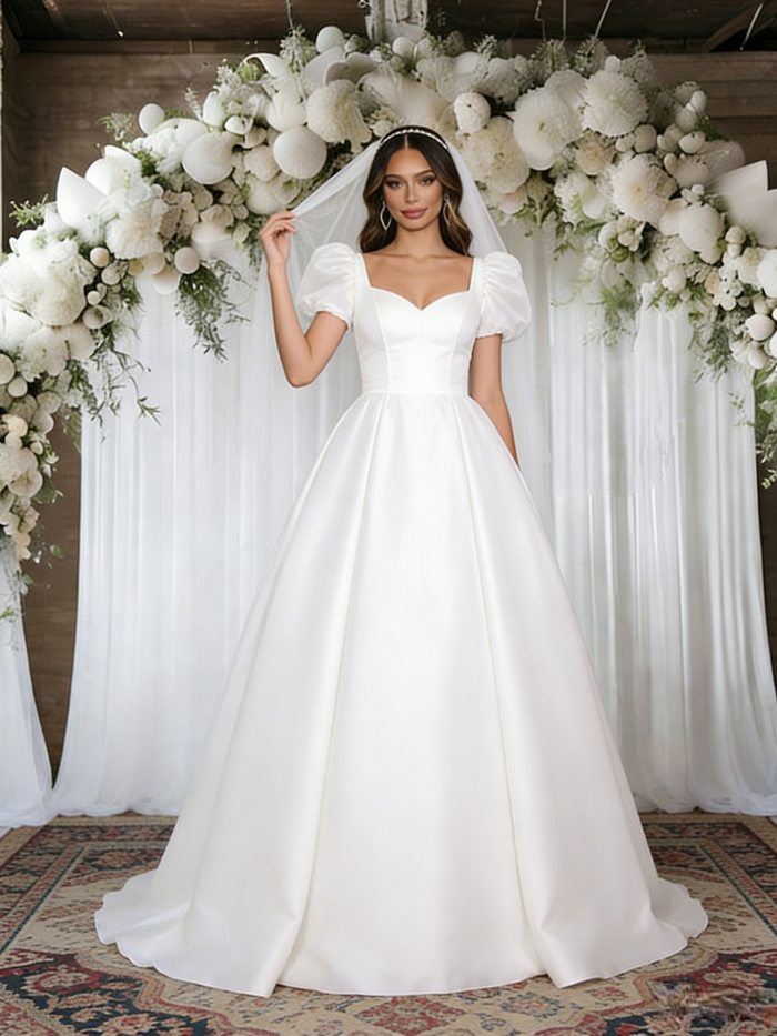 White Puff Sleeve Square Neck Wedding Dress