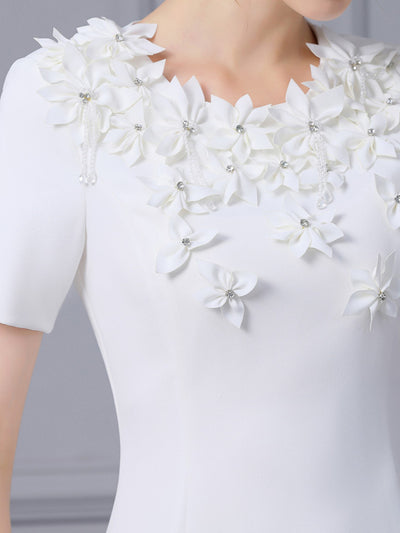 White Short Sleeve 3D Flower Mother Of the Brides Dress