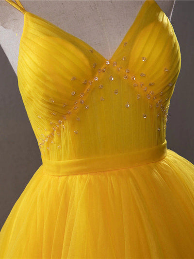 Yellow Tulle Spaghetti Straps Pleats Prom Dress