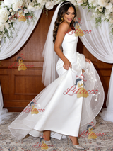 White Tulle Satin Strapless Split Wedding Dress