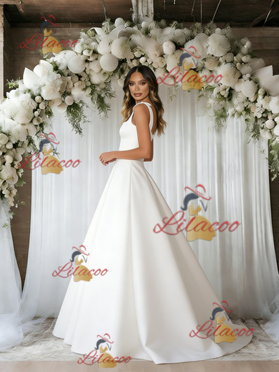 White Satin Straps Sleeveless Wedding Dress