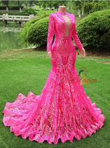 Fuchsia Mermaid Sequins Long Sleeve Prom Dress