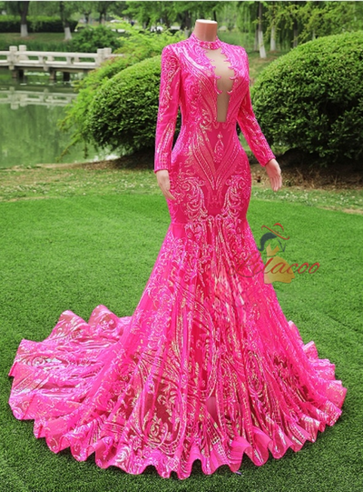 Fuchsia Mermaid Sequins Long Sleeve Prom Dress