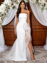 White Tulle Satin Strapless Split Wedding Dress