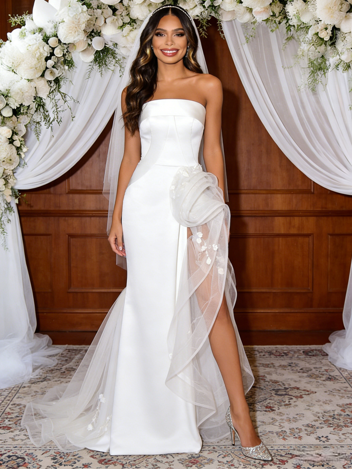 White Tulle Satin Strapless Split Wedding Dress