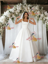 White Satin Straps Sleeveless Wedding Dress