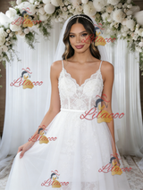 White Tulle Lace Spaghetti Straps Wedding Dress