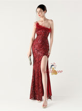 Mermaid One Shoulder Sequins Feather Prom Dress