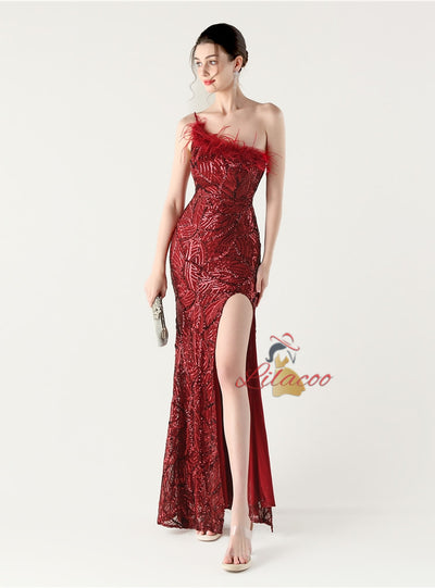 Mermaid One Shoulder Sequins Feather Prom Dress