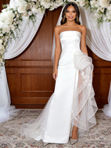 White Tulle Satin Strapless Split Wedding Dress