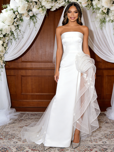 White Tulle Satin Strapless Split Wedding Dress