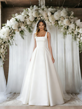 White Satin Straps Sleeveless Wedding Dress