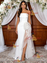 White Tulle Satin Strapless Split Wedding Dress