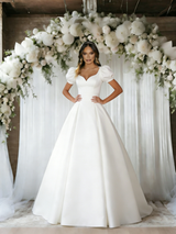 White Satin Puff Sleeve Square Neck Wedding Dress