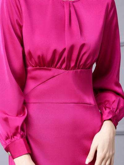 Fuchsia Satin Long Sleeve Mother Of the Brides Dress