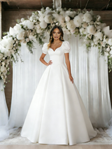 White Satin Puff Sleeve Square Neck Wedding Dress