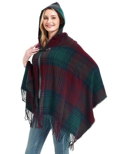 Checked Horn Buckle Hooded Shawl Cloak