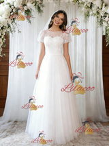 White Tulle Puff Sleeve Appliques Wedding Dress