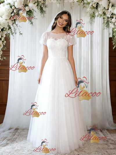 White Tulle Puff Sleeve Appliques Wedding Dress