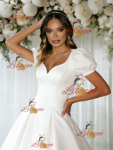 White Satin Puff Sleeve Square Neck Wedding Dress