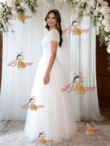 White Tulle Puff Sleeve Appliques Wedding Dress
