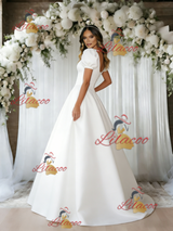White Satin Puff Sleeve Square Neck Wedding Dress