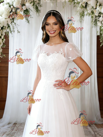 White Tulle Puff Sleeve Appliques Wedding Dress