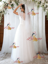 White Tulle Puff Sleeve Appliques Wedding Dress