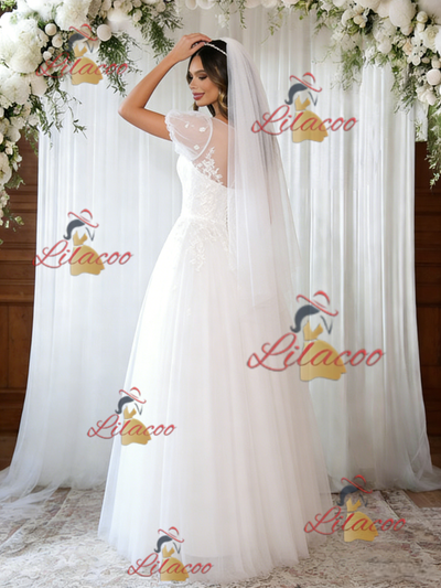 White Tulle Puff Sleeve Appliques Wedding Dress