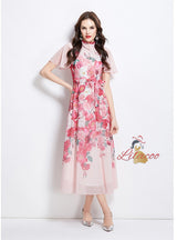 Pearl-breasted Slim Printed Chiffon Dress