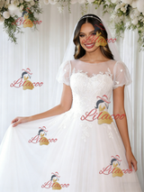 White Tulle Puff Sleeve Appliques Wedding Dress