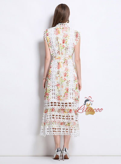Openwork Lace Stitching Printed Dress