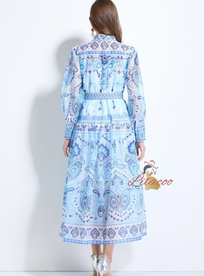 Retro Printed Slim Pleated Long Dress