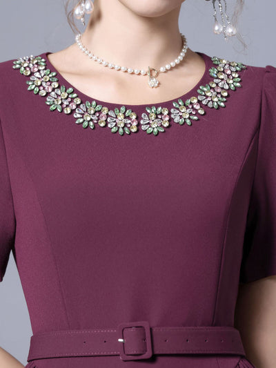 Black Short Sleeve Crystal Belt Mother Of The Bride Dress