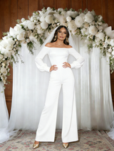 White Off the Shoulder Long Sleeve Jumpersuit