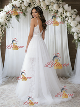 White Tulle Lace Spaghetti Straps Wedding Dress