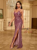 Purple Sequins Sapghetti Straps Split Prom Dress