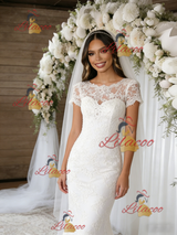 White Mermaid Lace Short Sleeve Wedding Dress