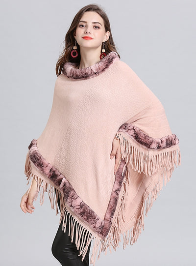 Loose Fringed Round Neck Cloak Shawl